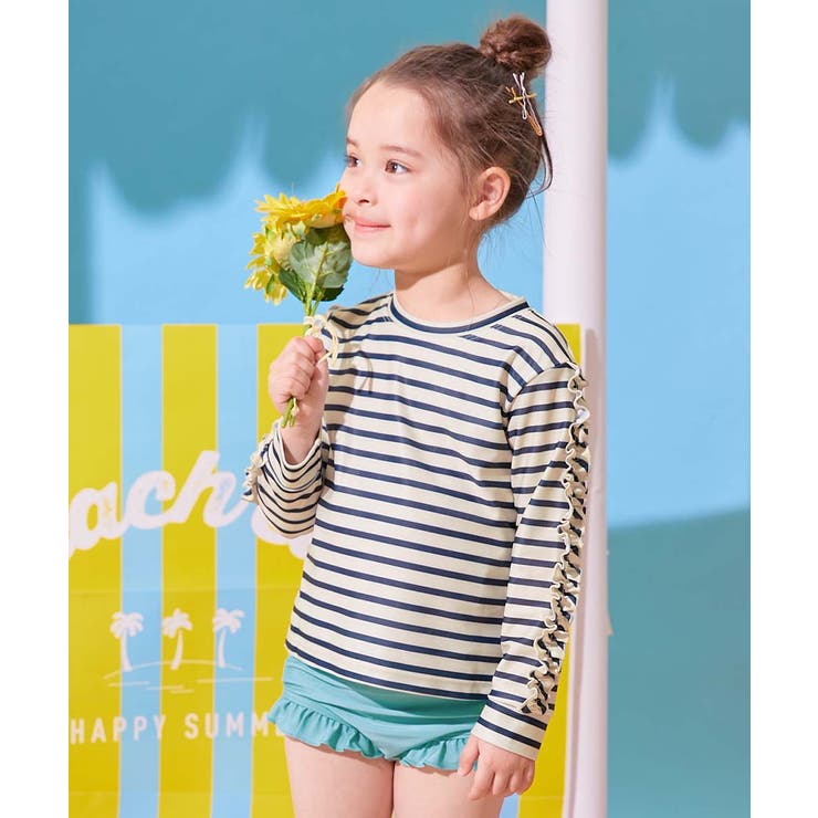 021-ボーダー-ネイビー | UVカット フリルがかわいいラッシュ水着 セットアップ | devirock