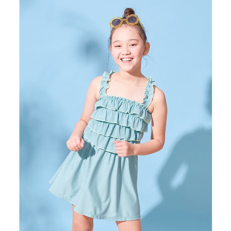 001-サックス | ティアードフリル UVカット ワンピース風セパレート水着 | devirock