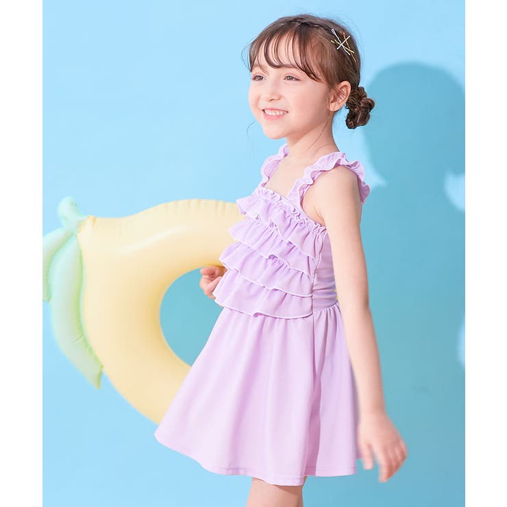 002-ライラック | ティアードフリル UVカット ワンピース風セパレート水着 | devirock