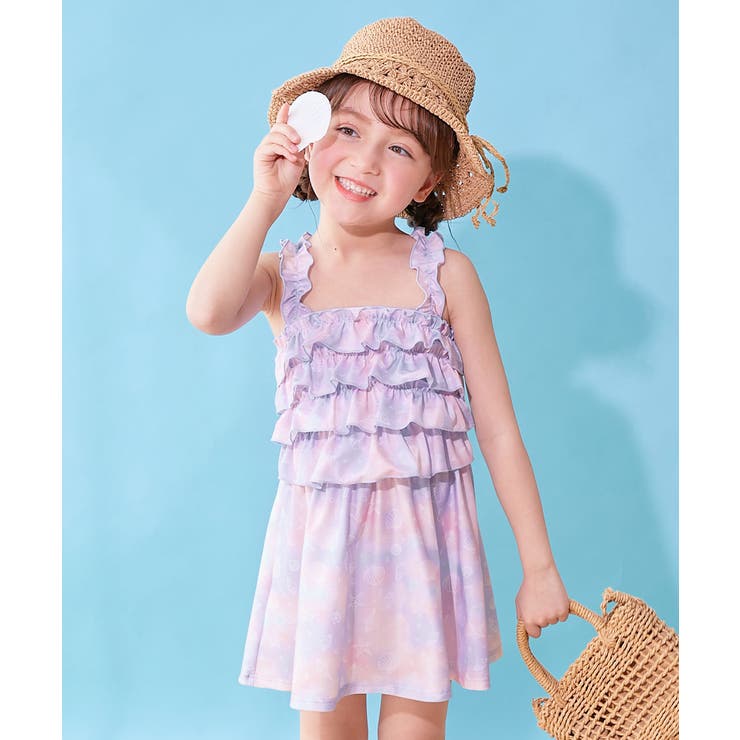 011-シェル-Sバイオレット | ティアードフリル UVカット ワンピース風セパレート水着 | devirock