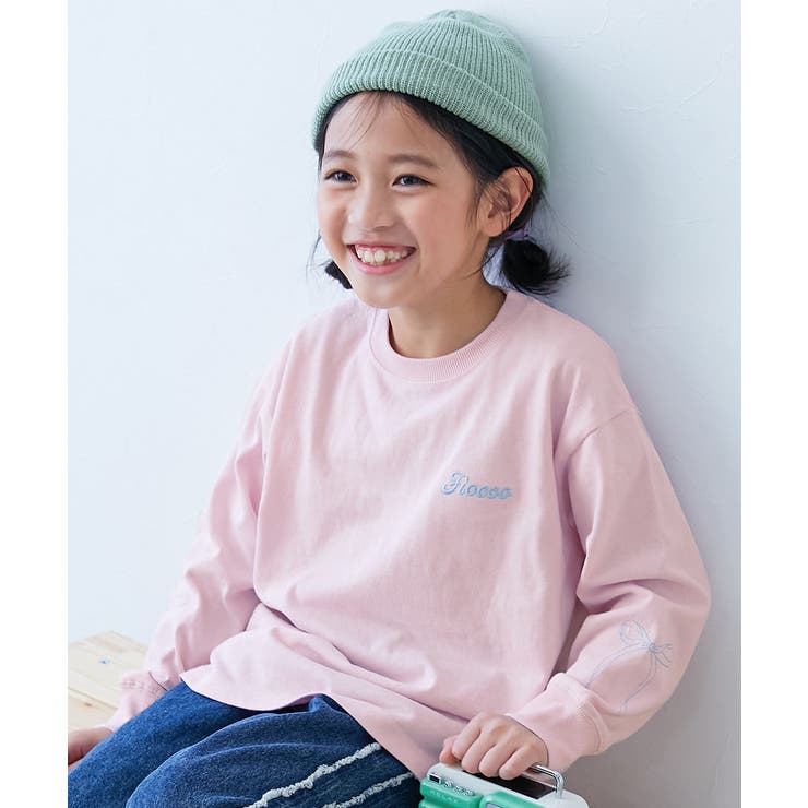 002-リボン-さくらピンク | 綿100% お洗濯してもよれにくい ガールズワンポイント長袖Tシャツ | devirock