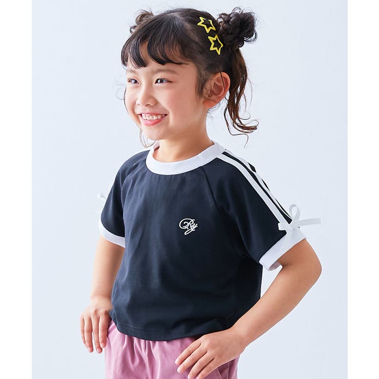 ブラック | リボン付き サイドライン ミニ丈半袖Tシャツ | devirock