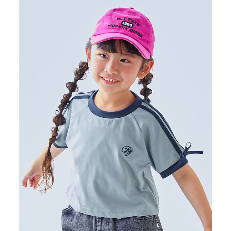 ミストブルー | リボン付き サイドライン ミニ丈半袖Tシャツ | devirock