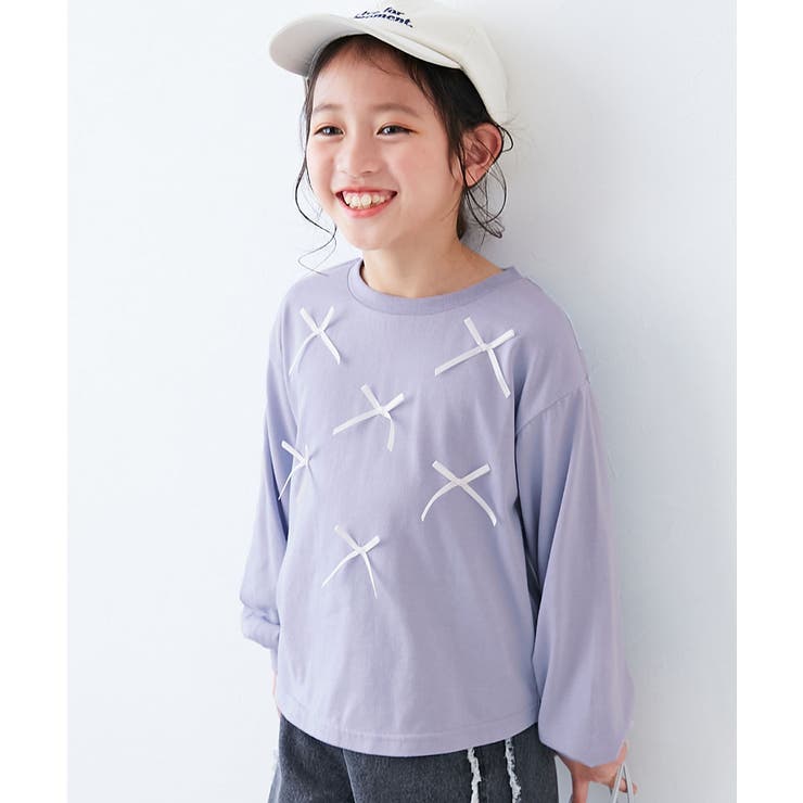 Gブルー | ときめきリボン 裾ラウンド 長袖Tシャツ | devirock