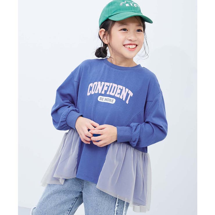 ブルー | 裾チュール切り替え ロゴチュニック 長袖Tシャツ | devirock