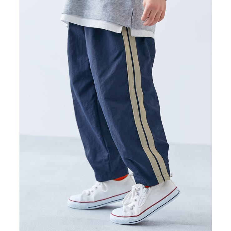 003-ライン-ネイビー | 水はじく撥水ナイロン トラックパンツ セットアップ可能 | devirock