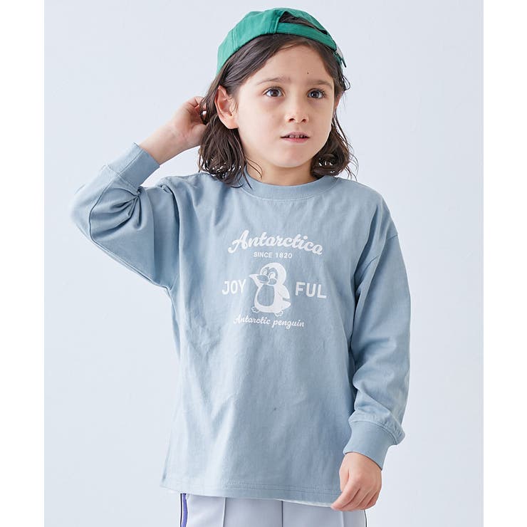 002-ペンギン-ミストブルー | 綿100％ デビラボ BIGシルエットプリント袖リブ長袖Tシャツ | devirock