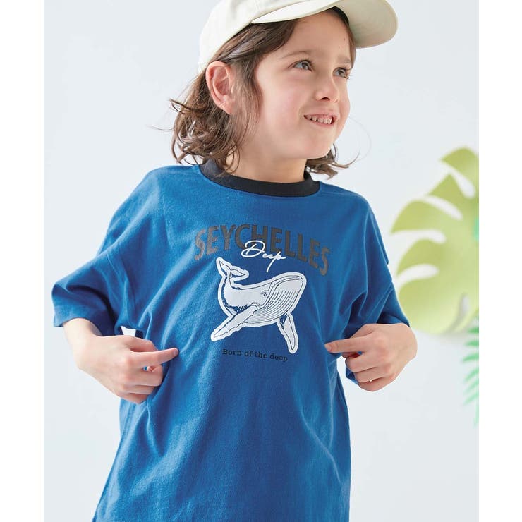 005-クジラ-クラシックブルー | 綿100% デビラボ×アニマルカレッジ BIGシルエットプリント半袖Tシャツ | devirock