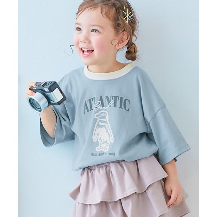 009-ペンギン-ミストブルー | 綿100% デビラボ×アニマルカレッジ BIGシルエットプリント半袖Tシャツ | devirock