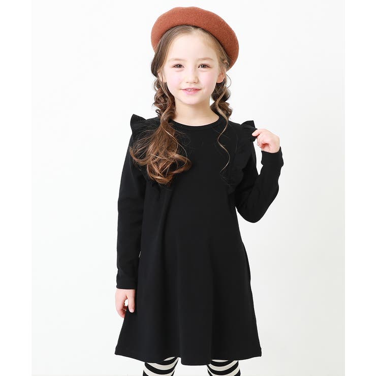 肩フリル長袖ワンピース 子供服 キッズ[品番：VR000009122