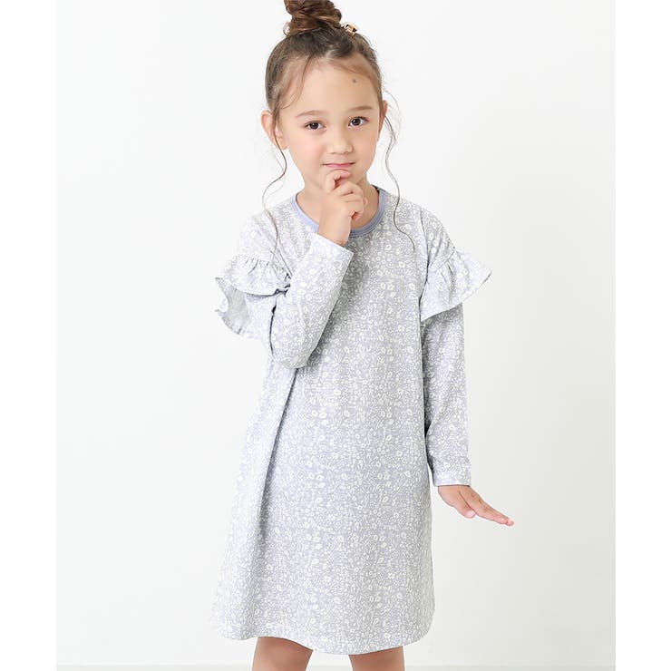 004-Gブルー | 総柄袖フリル長袖ワンピース 子供服 キッズ | devirock