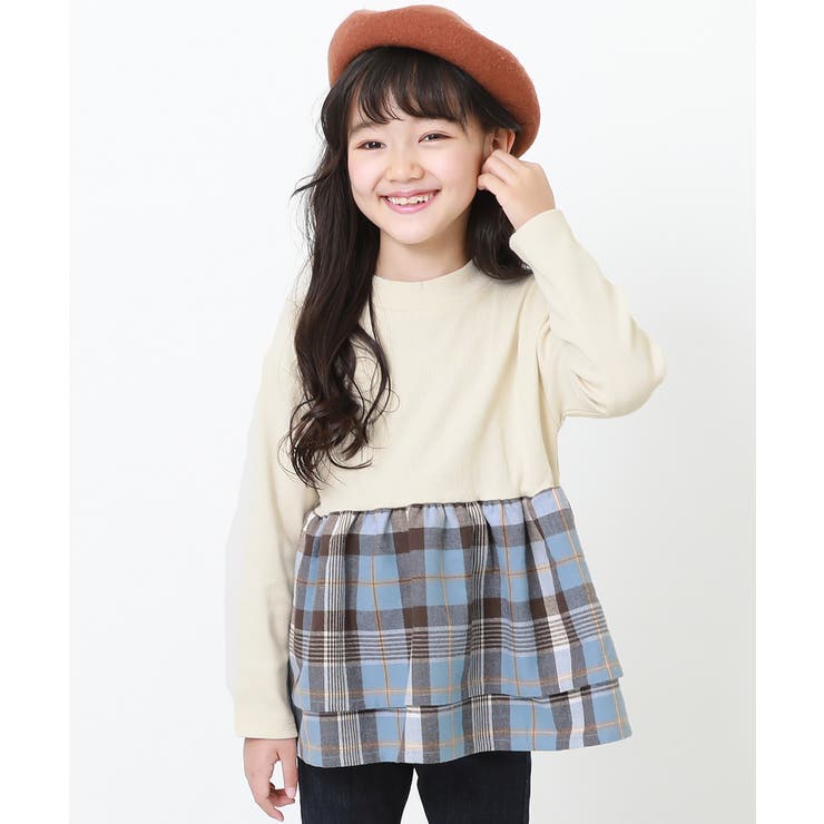 002-アイボリー | チェックフリル長袖チュニック 子供服 キッズ | devirock