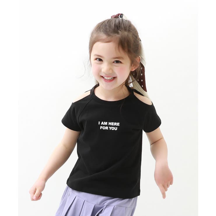 ロゴプリント肩開き半袖Tシャツ 子供服 キッズ[品番：VR000009406  