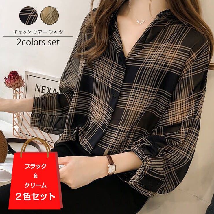 2カラーセット 長袖チェックシアーシャツ ブラウス[品番：DMHU0003608 