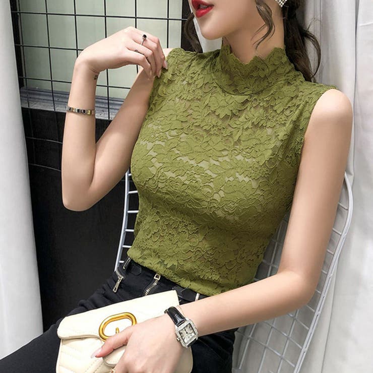 選べる2カラーセット 総レース タンクトップ ハイネック セクシー 透け感 トップス 春 夏 秋 韓国 韓国ファッション