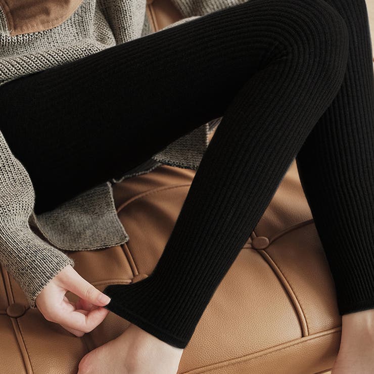 ブラック | リブ細身美脚レギンス 縦リブ リブニット | インナーショップDiamondHearts 