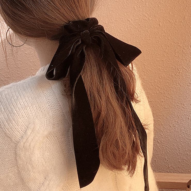 ベロア リボン シュシュ ヘアアクセサリー シンプル 韓国 韓国