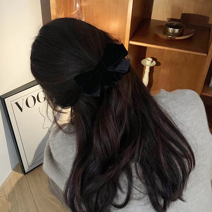 リボン シュシュ ベロア ヘアゴム ヘアアクセサリー シンプル 韓国 韓国ファッション