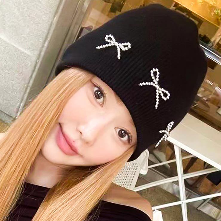 ブラック | ビーズリボンニットビーニー ニット帽 ニットキャップ | インナーショップDiamondHearts 