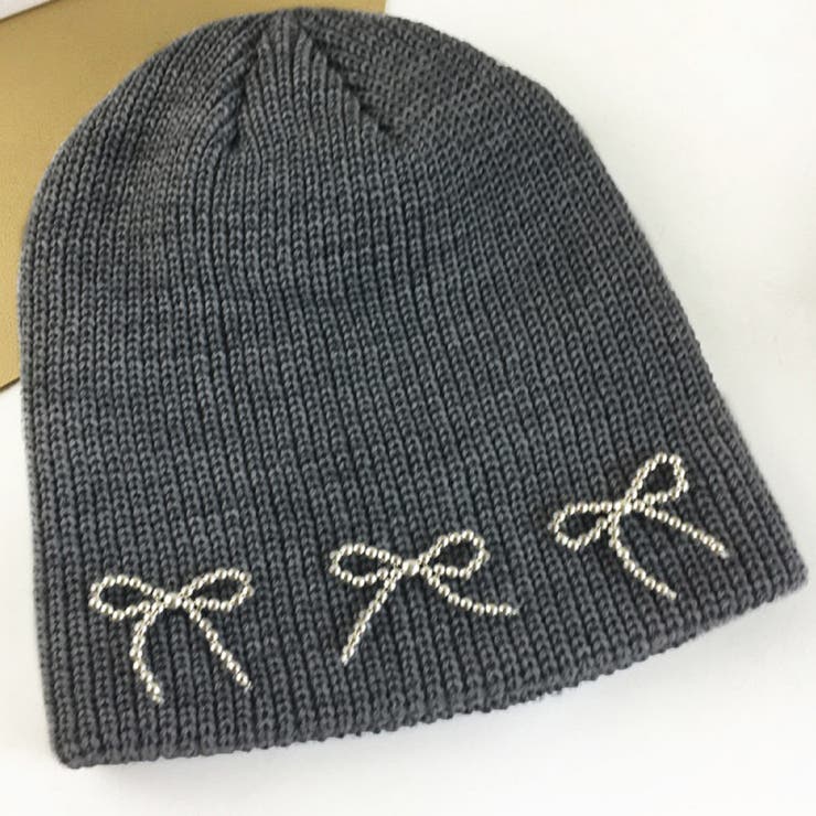 グレー | ビーズリボンニットビーニー ニット帽 ニットキャップ | インナーショップDiamondHearts 