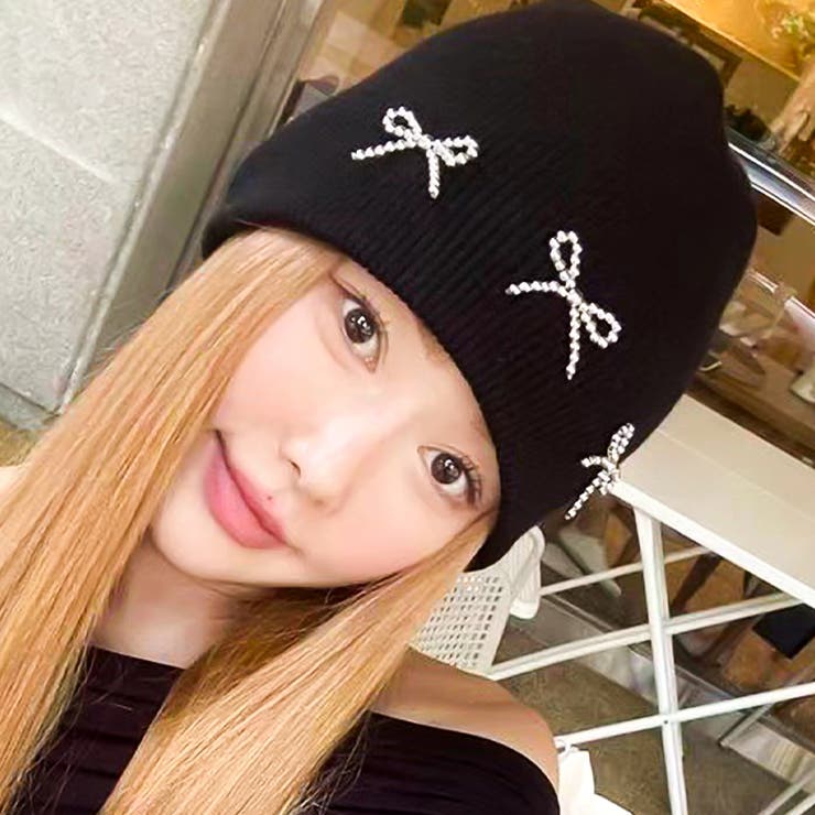 ビーズリボンニットビーニー ニット帽 ニットキャップ | インナーショップDiamondHearts  | 詳細画像1 