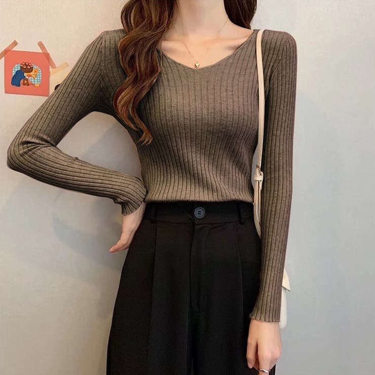 ダークブラウン | Vネック 薄手 春秋ニット | インナーショップDiamondHearts 