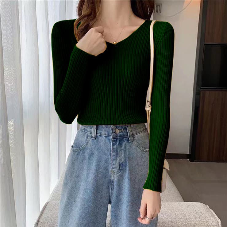 グリーン | Vネック 薄手 春秋ニット | インナーショップDiamondHearts 