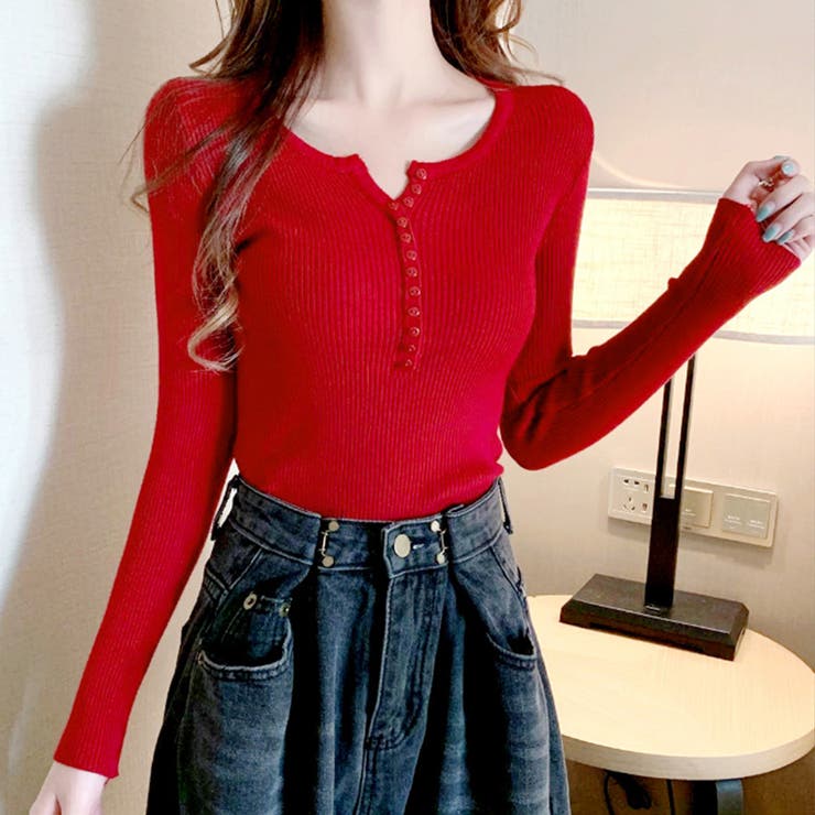 レッド | 薄手Vネック インナーニット 長袖ニット | インナーショップDiamondHearts 