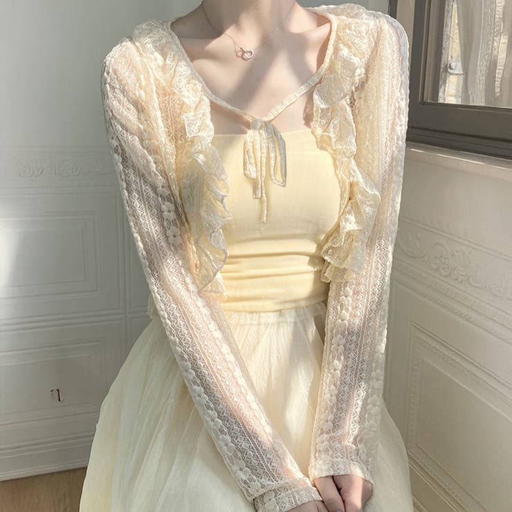 オフホワイト | レースフリルショートカーディガン レース フリル | インナーショップDiamondHearts 