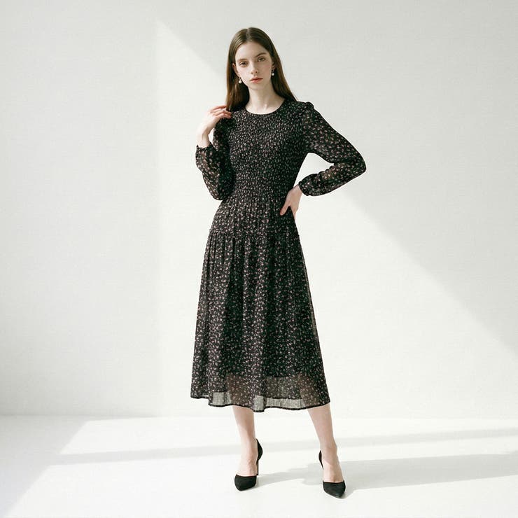 フローラルスモックシャーリングロングワンピース 韓国 韓国ファッション | SweetSOUP | 詳細画像3 