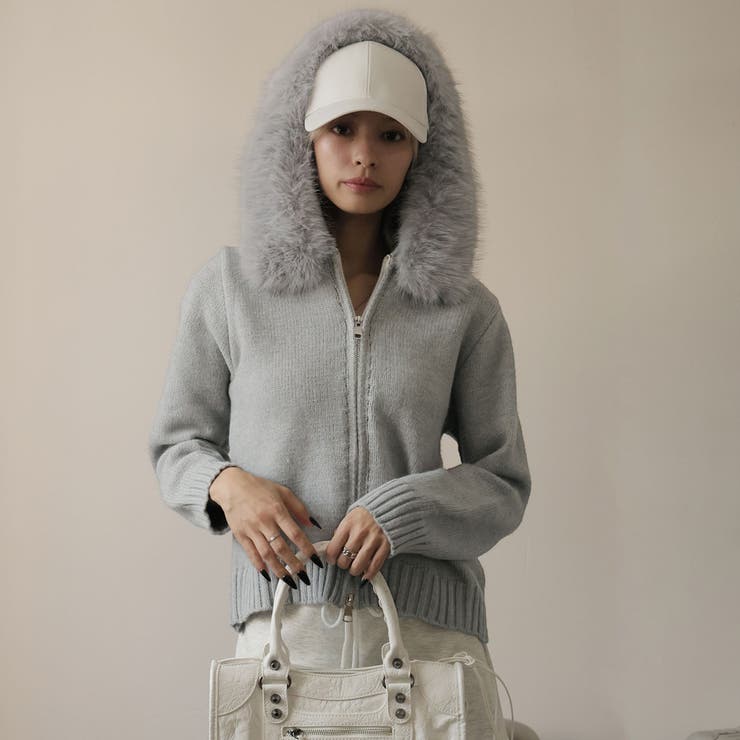 グレー | ファー付きニットカーディガン | Doula Doula