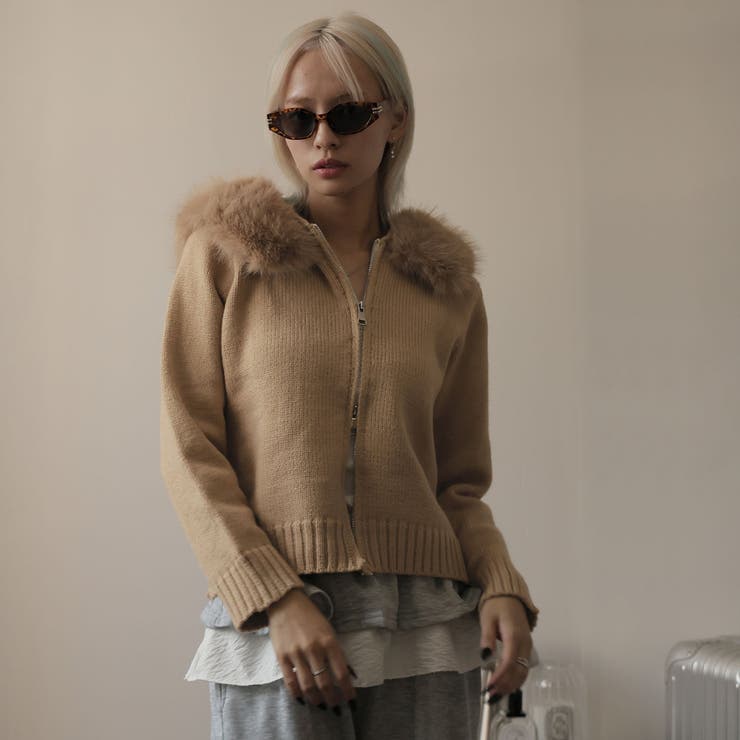 キャメル | ファー付きニットカーディガン | Doula Doula