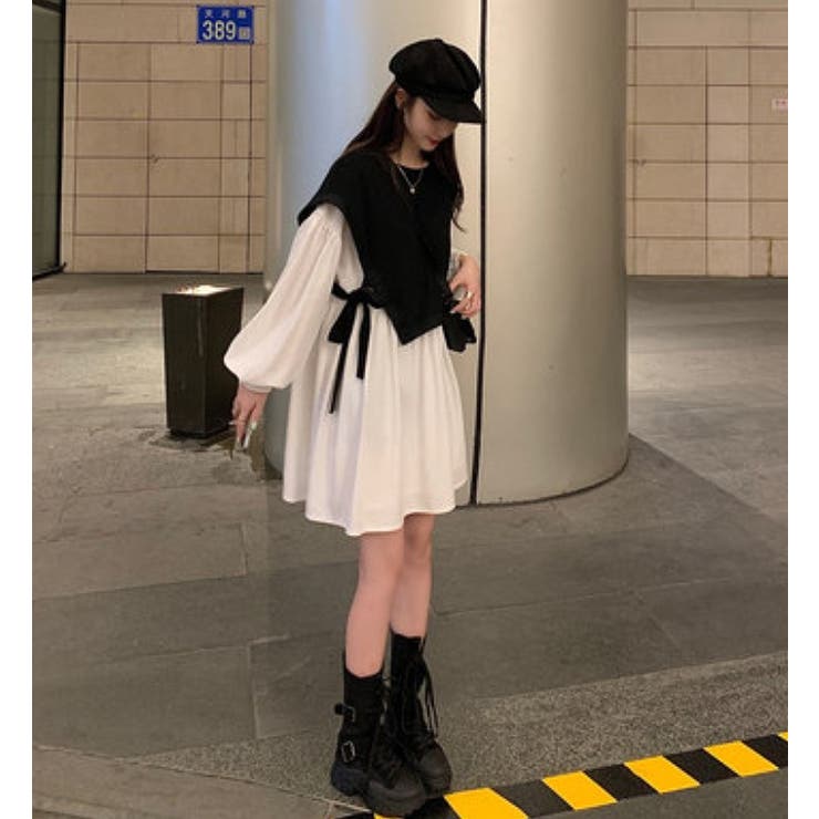 ミニワンピース レイヤード ピンク 韓国 ワンピース （デュー