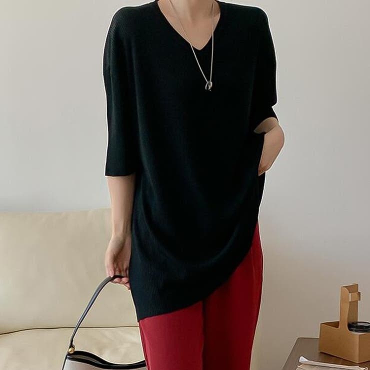 オーバーサイズVネックリブニット半袖プルオーバー【韓国ファッション】 | Doula Doula | 詳細画像2 