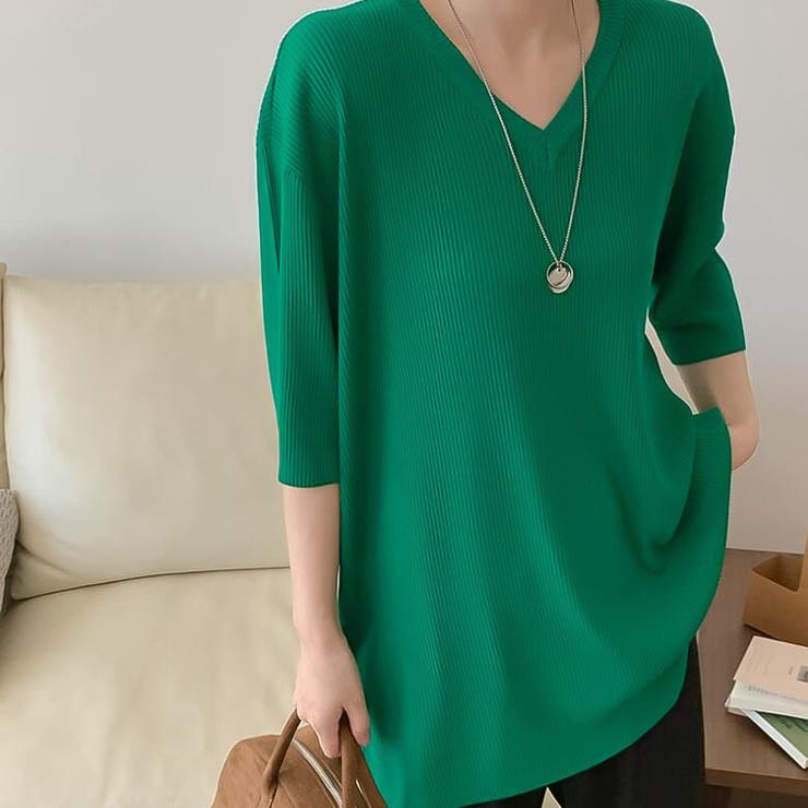 オーバーサイズVネックリブニット半袖プルオーバー【韓国ファッション】 | Doula Doula | 詳細画像5 