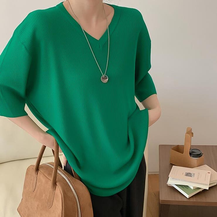 グリーン | オーバーサイズVネックリブニット半袖プルオーバー【韓国ファッション】 | Doula Doula