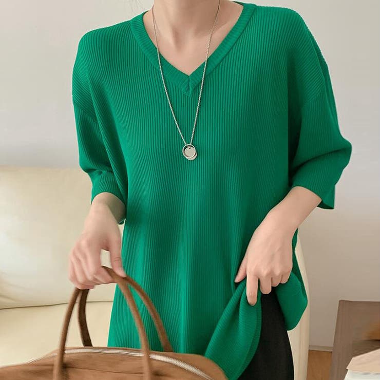 オーバーサイズVネックリブニット半袖プルオーバー【韓国ファッション】 | Doula Doula | 詳細画像6 
