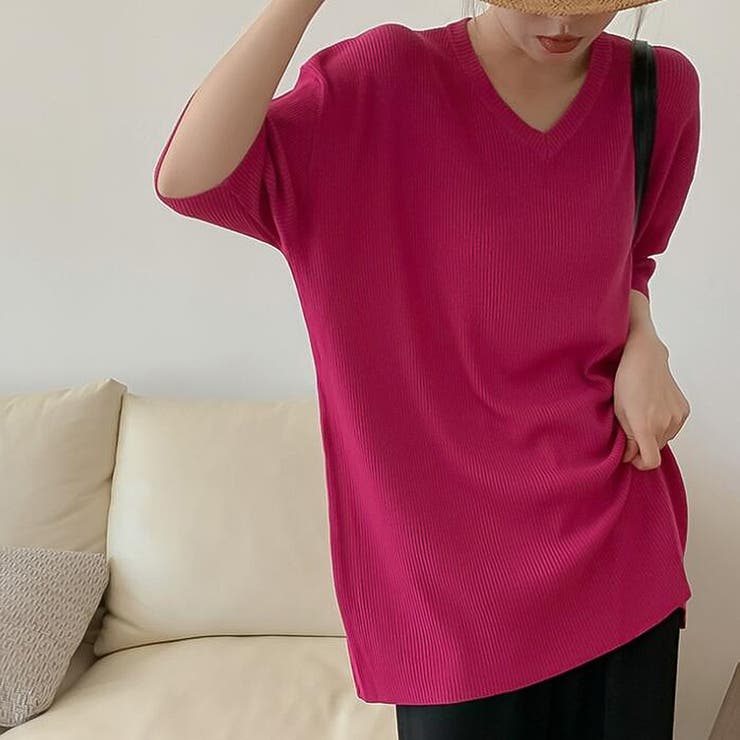 オーバーサイズVネックリブニット半袖プルオーバー【韓国ファッション】 | Doula Doula | 詳細画像8 