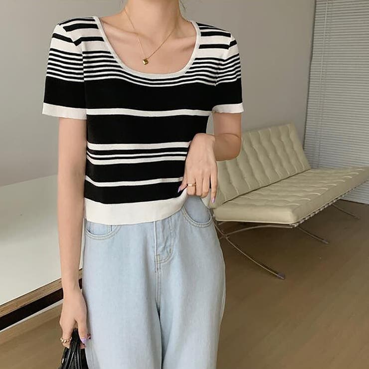 ランダムボーダー半袖ニット【韓国ファッション】 | Doula Doula | 詳細画像5 