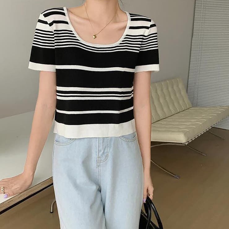 ホワイト | ランダムボーダー半袖ニット【韓国ファッション】 | Doula Doula