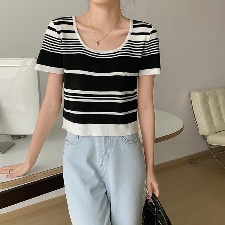 ランダムボーダー半袖ニット【韓国ファッション】 | Doula Doula | 詳細画像6 