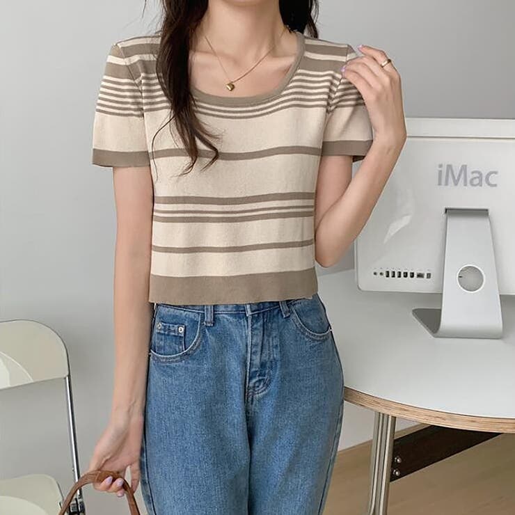 モカ | ランダムボーダー半袖ニット【韓国ファッション】 | Doula Doula