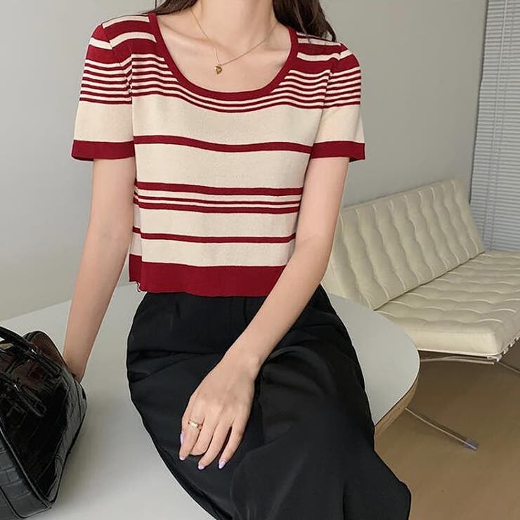 レッド | ランダムボーダー半袖ニット【韓国ファッション】 | Doula Doula