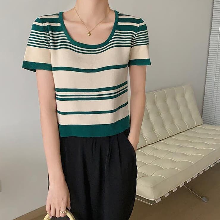 グリーン | ランダムボーダー半袖ニット【韓国ファッション】 | Doula Doula