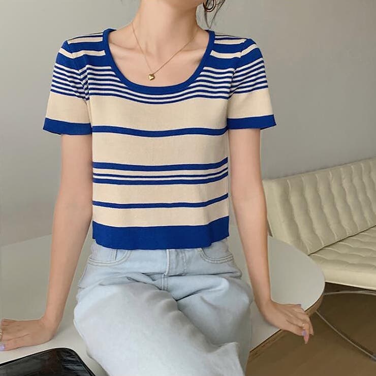 ブルー | ランダムボーダー半袖ニット【韓国ファッション】 | Doula Doula