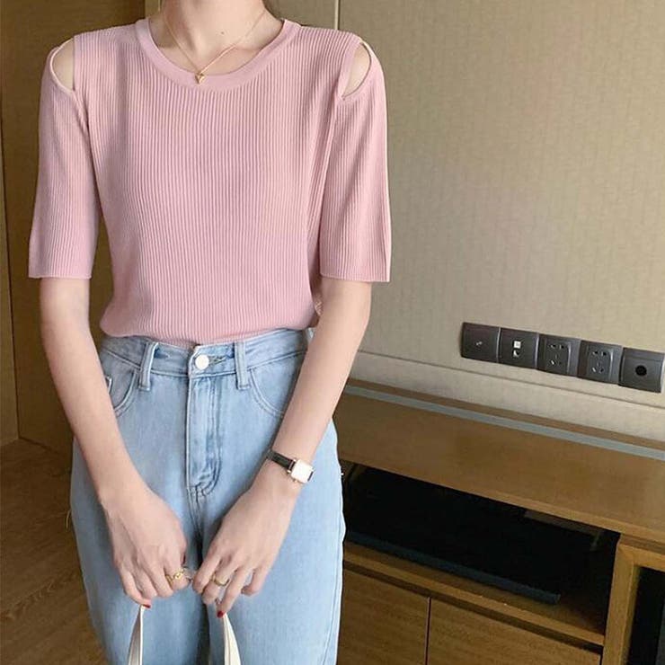 ピンク | ショルダースリットニット【韓国ファッション】 | Doula Doula