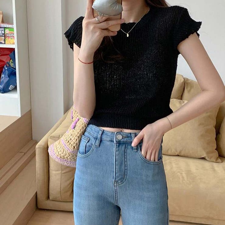 ブラック | 半袖サマーニット【韓国ファッション】 | Doula Doula