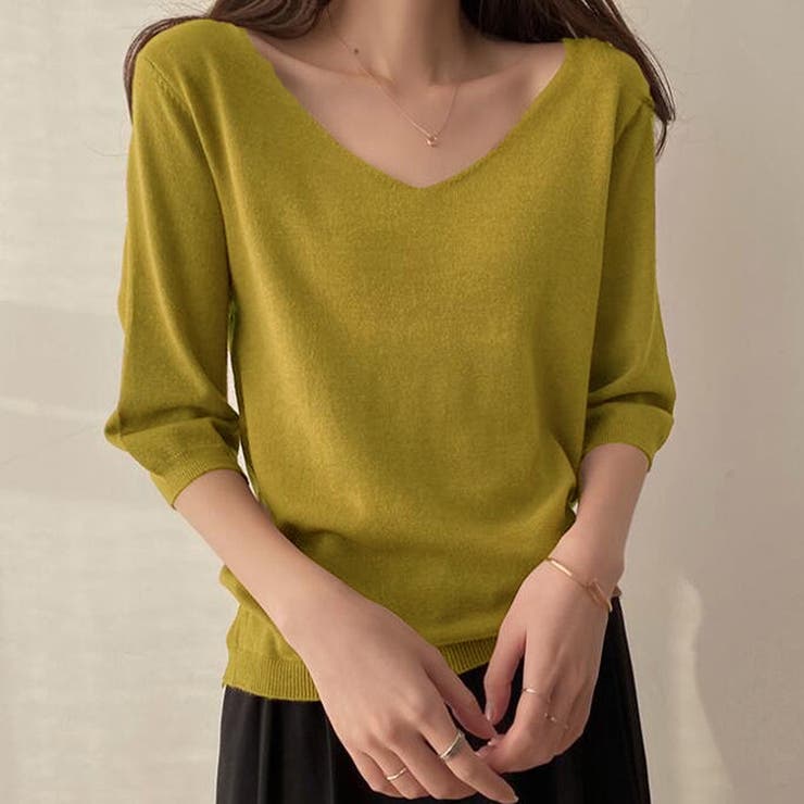 ベージュ | Vネック五分袖ニット【韓国ファッション】 | Doula Doula