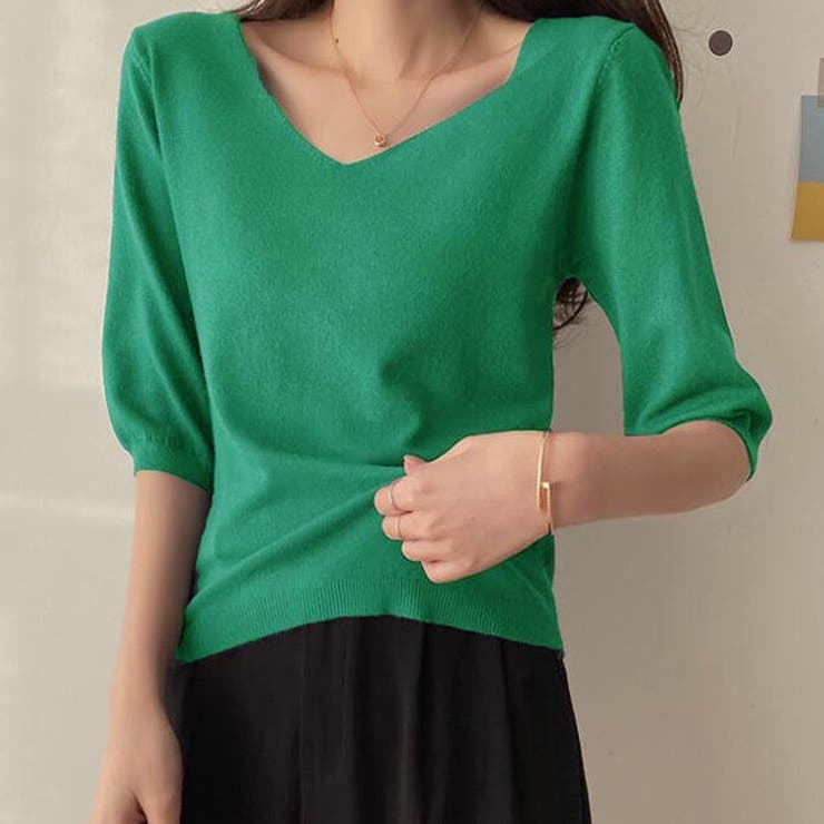 Vネック五分袖ニット【韓国ファッション】 | Doula Doula | 詳細画像5