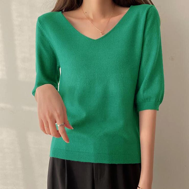 ダークグリーン | Vネック五分袖ニット【韓国ファッション】 | Doula Doula